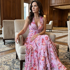 Pink halter-neck ruched bodice floral maxi dress with layered tiered ruffle skirt
