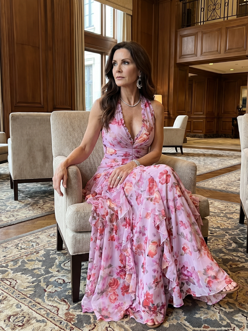 Pink halter-neck ruched bodice floral maxi dress with layered tiered ruffle skirt