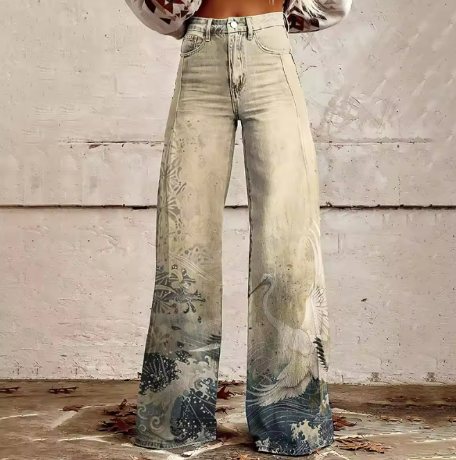 Boho vintage wide-leg jeans with faded panel print and high waist