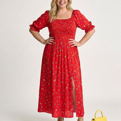 Red floral square-neck midi dress with puff sleeves, gathered waist, and side slit