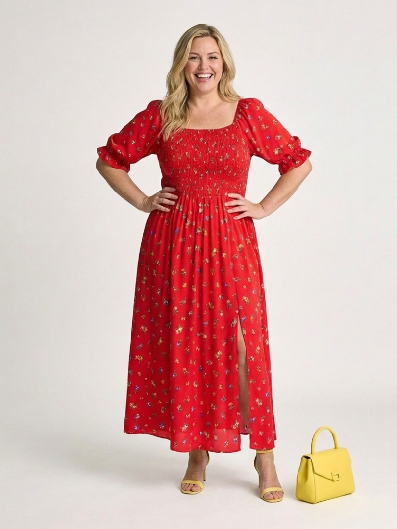 Red floral square-neck midi dress with puff sleeves, gathered waist, and side slit