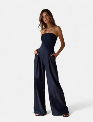 Navy strapless lightweight jumpsuit with wide legs and draped bodice
