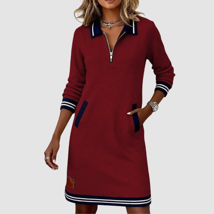 Red zip-neck dress with contrast collar, front zipper, striped cuffs and hem