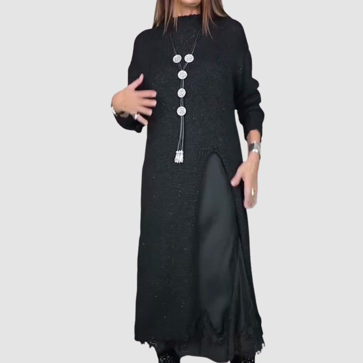 Black knit maxi dress with long sleeves, high neck, side opening, lace-trim bottom