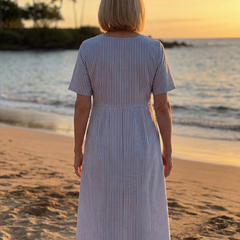 Blue/white striped midi dress, back view with short sleeves and gathered waist