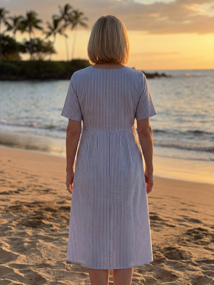 Blue/white striped midi dress, back view with short sleeves and gathered waist