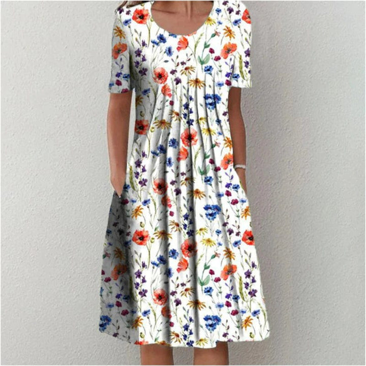 Multicolor floral dress with scoop neck, short sleeves, gathered skirt