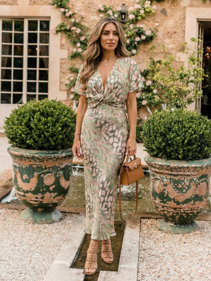 Green and blush abstract print midi dress with V-neck twist waist, flowing skirt.