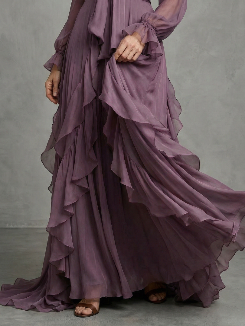 Purple tiered maxi skirt detail with layered ruffles and ruched cuffs