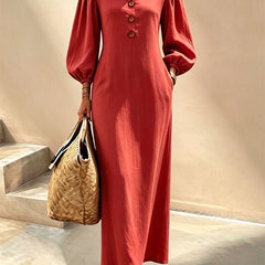 Red v-neck maxi dress with button front and lantern sleeves