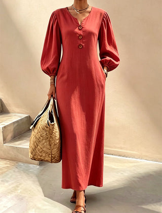 Red v-neck maxi dress with button front and lantern sleeves