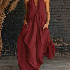 Sofie™ maxi dress in red: halter V-neck, gathered waist, flowing wide maxi skirt