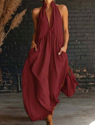 Sofie™ maxi dress in red: halter V-neck, gathered waist, flowing wide maxi skirt