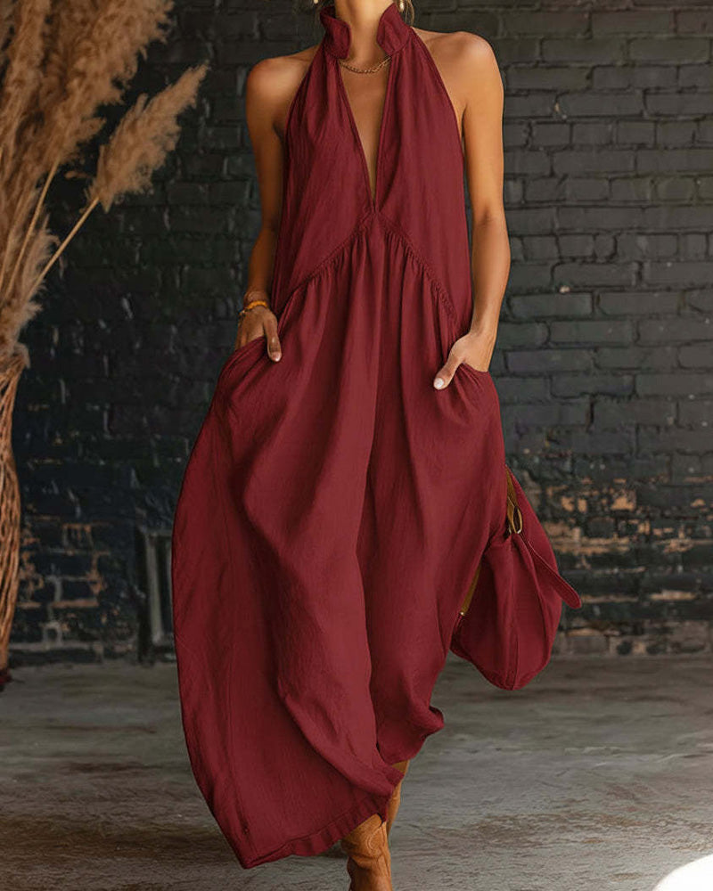 Sofie™ maxi dress in red: halter V-neck, gathered waist, flowing wide maxi skirt