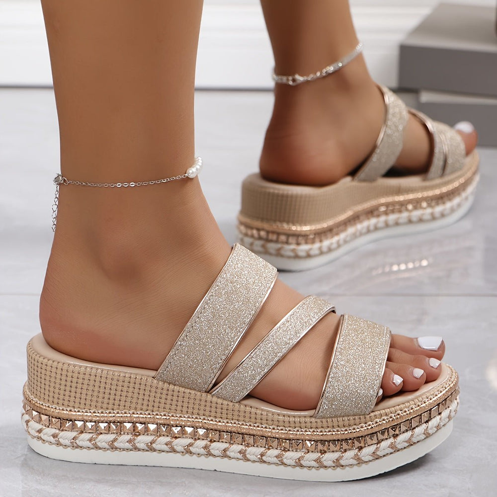 Gold glitter platform sandals with ankle chain and three wide straps