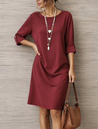 Wine red midi dress with round neckline and 3/4 sleeves, loose draped fit