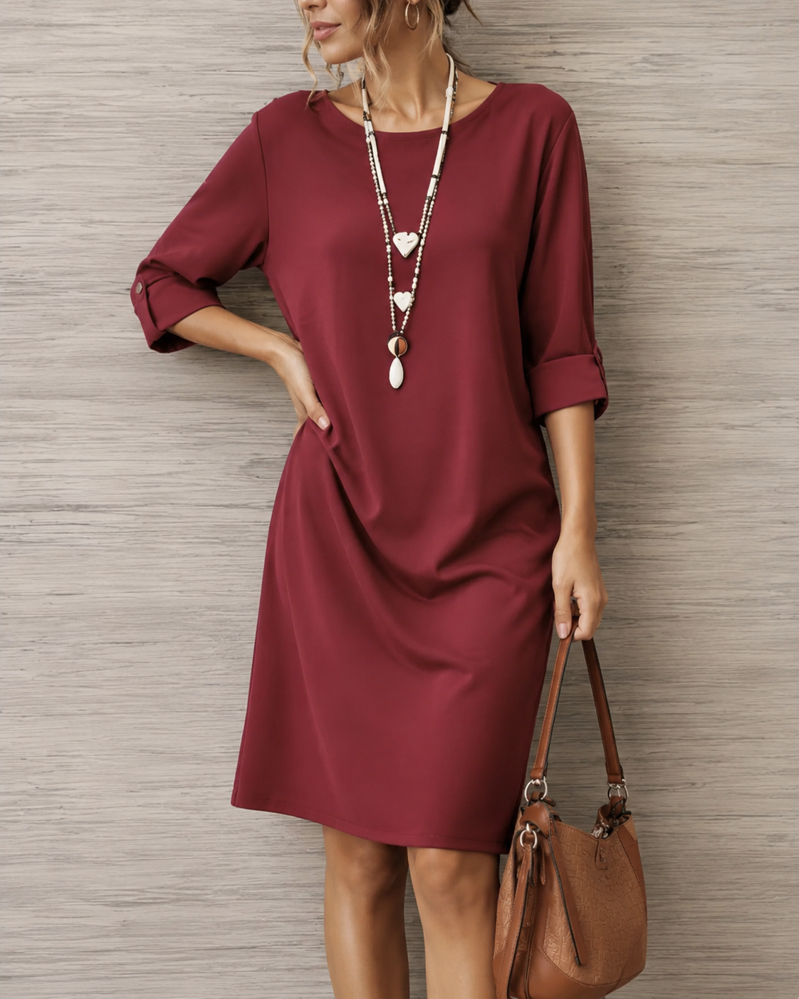 Wine red midi dress with round neckline and 3/4 sleeves, loose draped fit