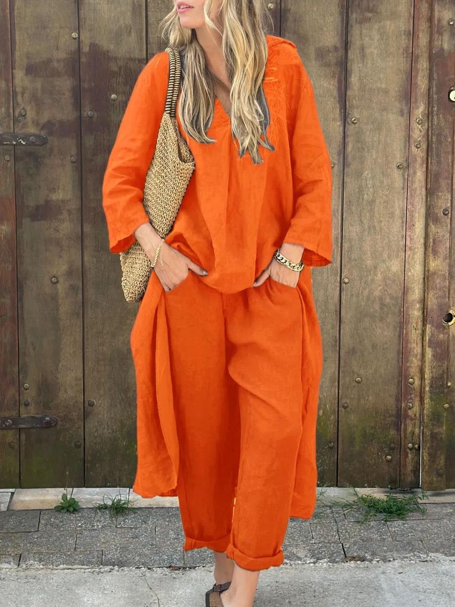 Orange loose top and wide-leg cropped pants set, long sleeves