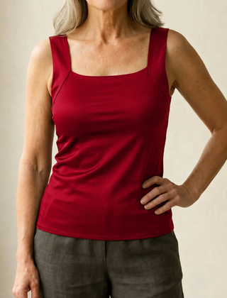 Built-in comfort bra tank top, burgundy sleeveless with square neckline