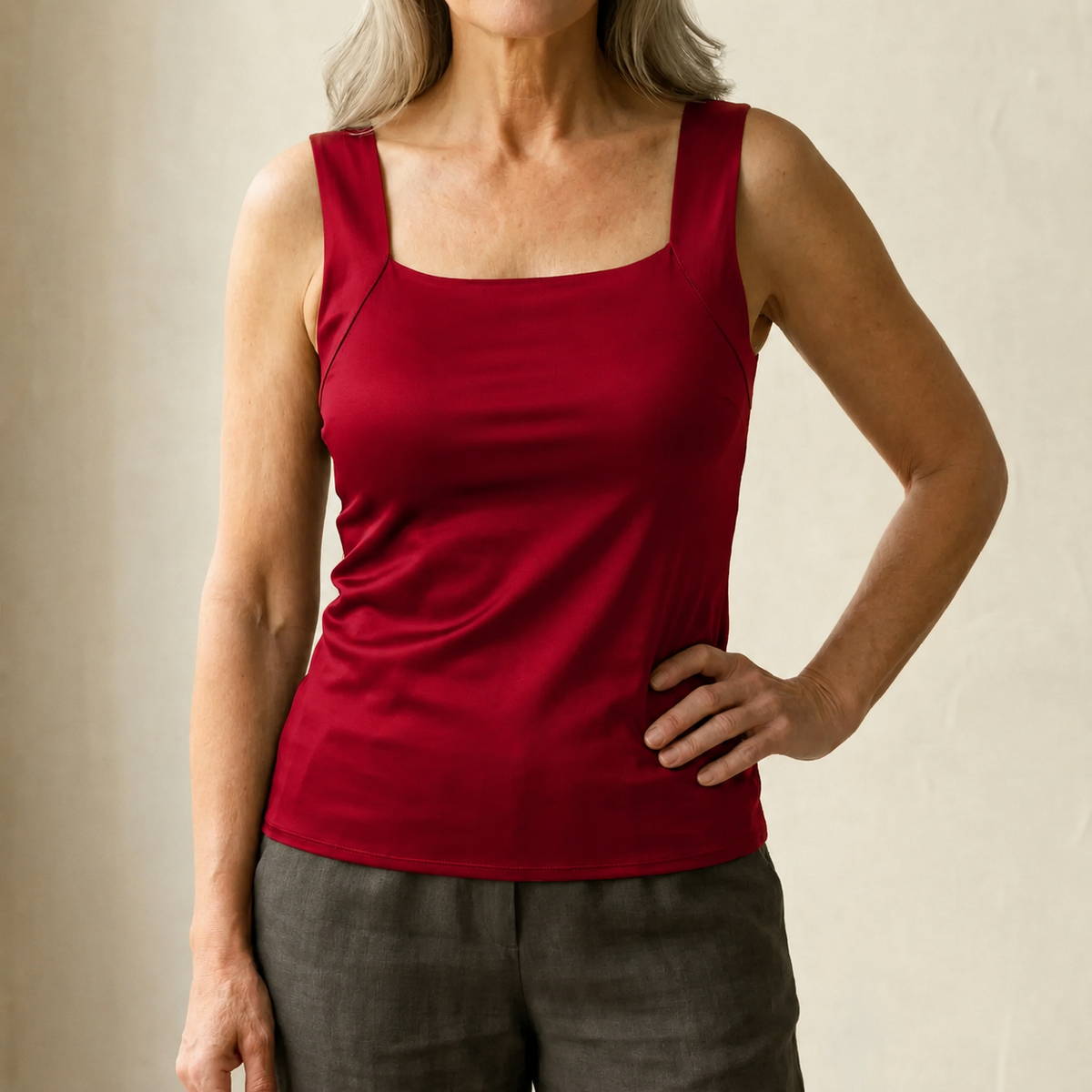 Built-in comfort bra tank top, burgundy sleeveless with square neckline