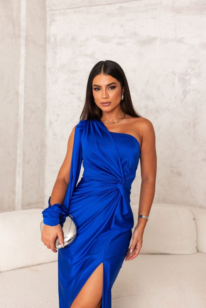 Royal blue one-shoulder satin maxi dress with twisted front and thigh slit