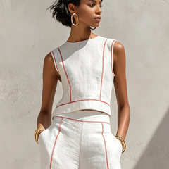 White sleeveless top and wide-leg pants set with red contrast piping