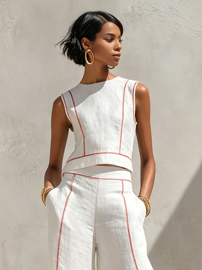 White sleeveless top and wide-leg pants set with red contrast piping