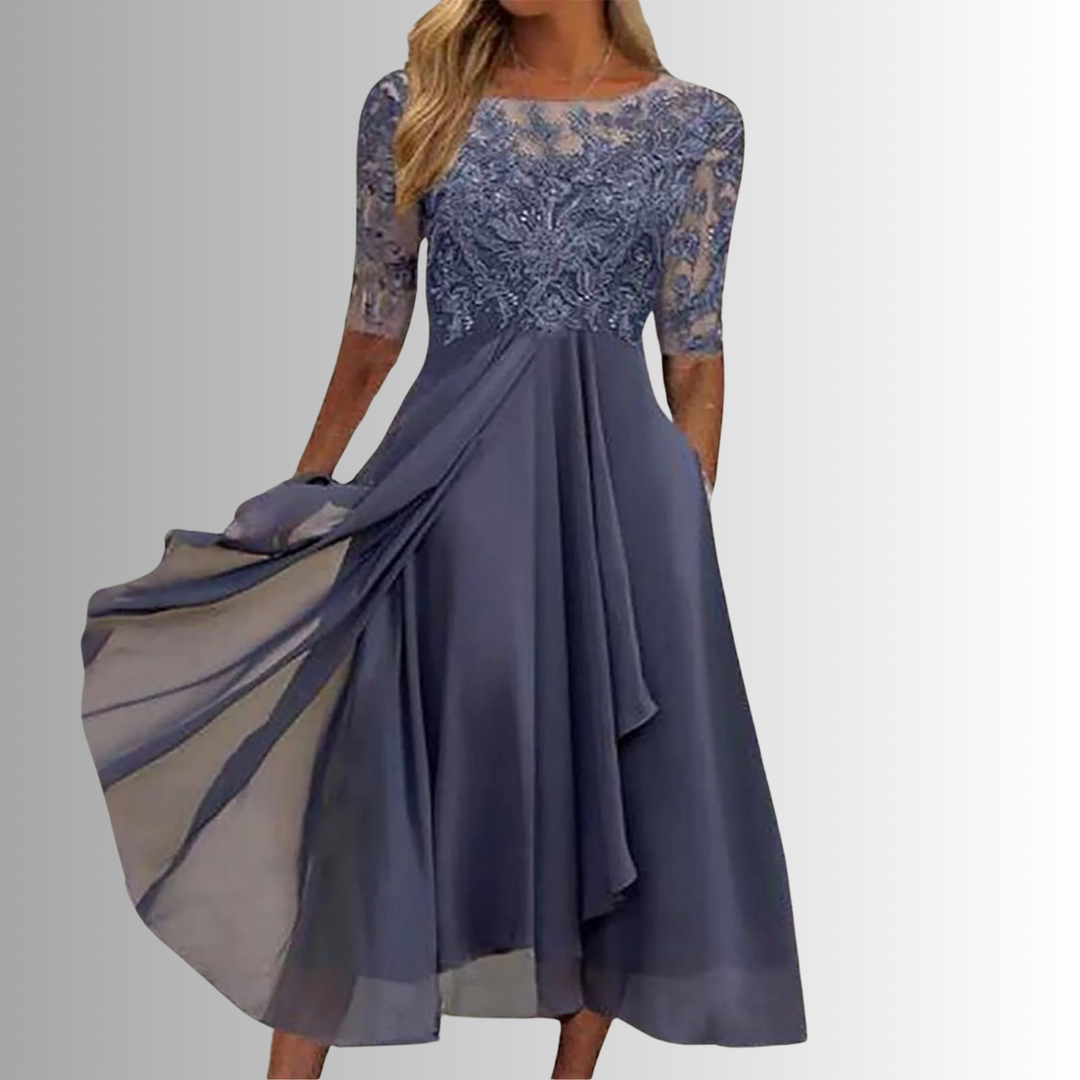 Blue lace bodice midi dress with 3/4 sleeves and flared pleated skirt