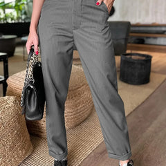 Sleek tailored pants in grey pinstripe, tailored straight leg, belt loops, cuffed hem