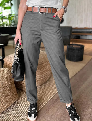 Sleek tailored pants in grey pinstripe, tailored straight leg, belt loops, cuffed hem