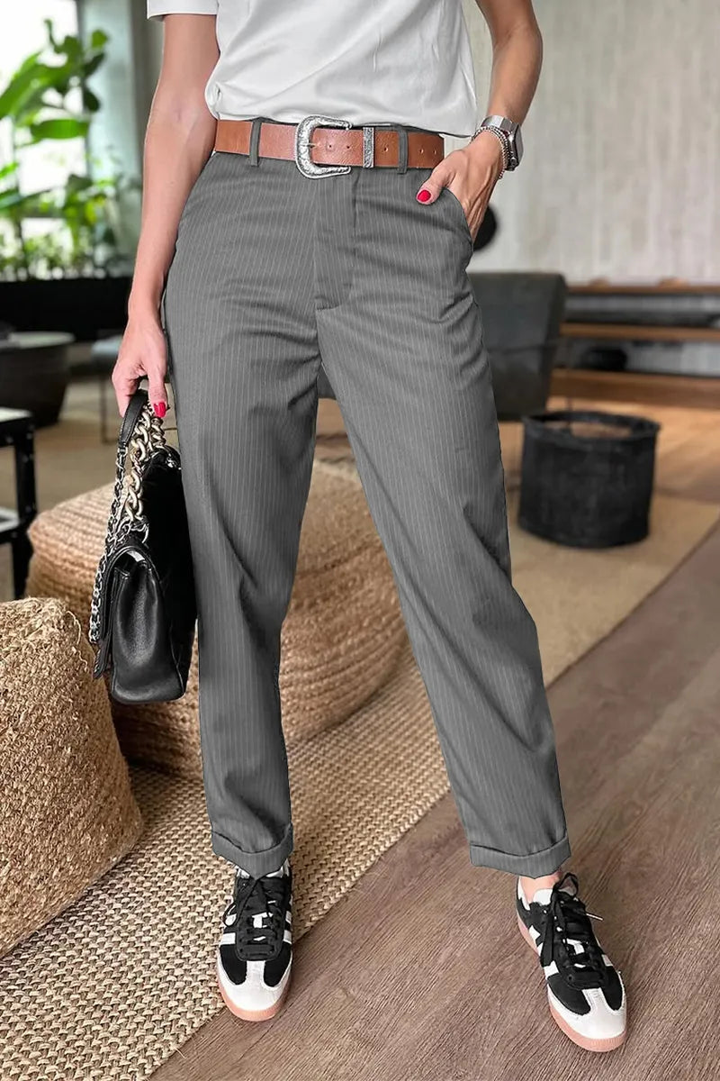 Sleek tailored pants in grey pinstripe, tailored straight leg, belt loops, cuffed hem