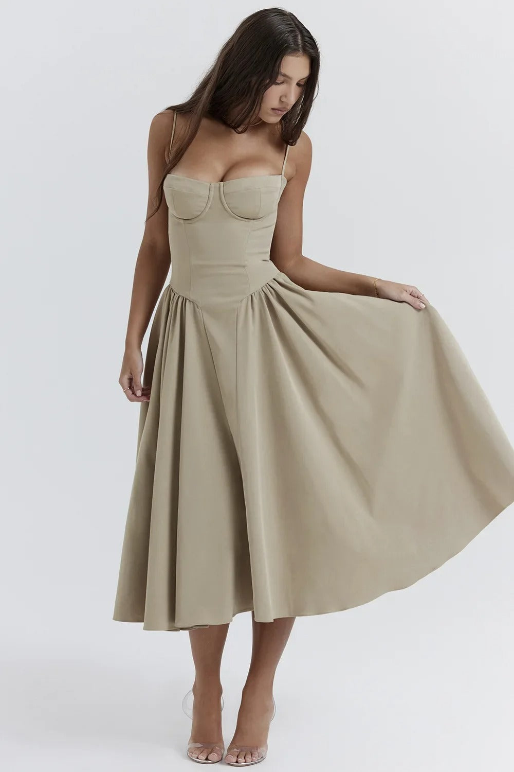Beige corset sundress with sweetheart bodice and a wide pleated midi skirt