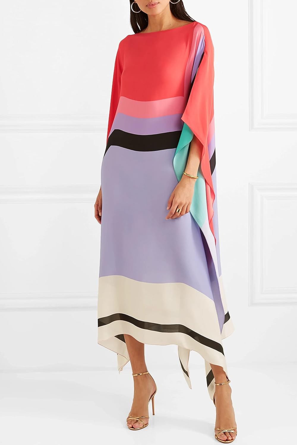 Red geometric kaftan with purple center stripe, teal sleeve panel, and draped hem