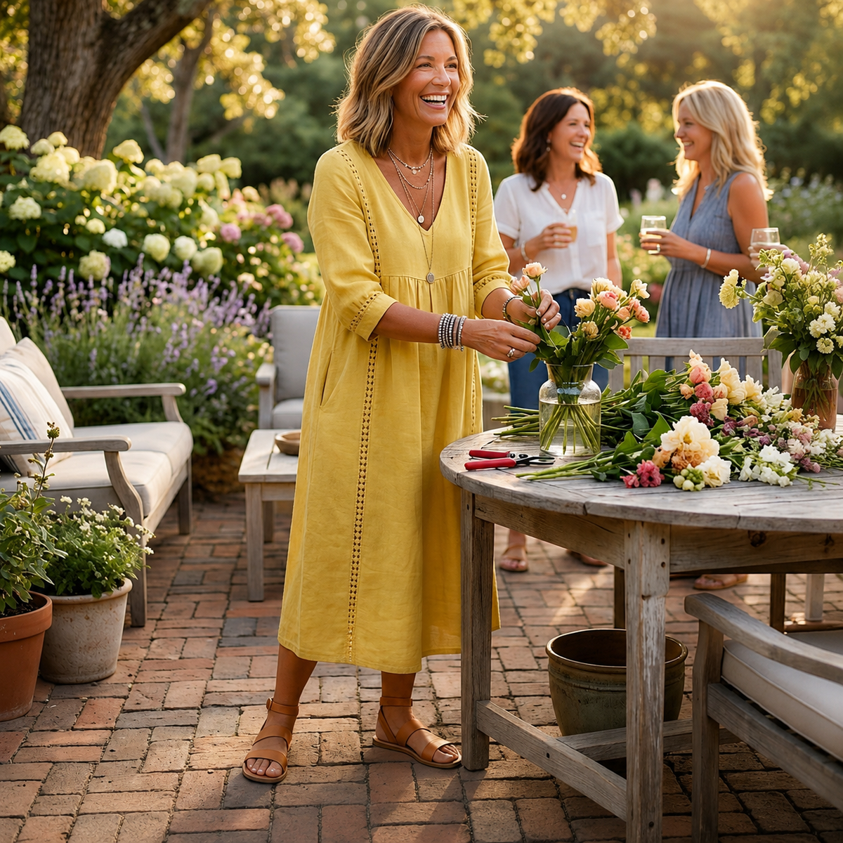 Yellow lightweight maxi dress with ruched V-neck and 3/4 sleeves