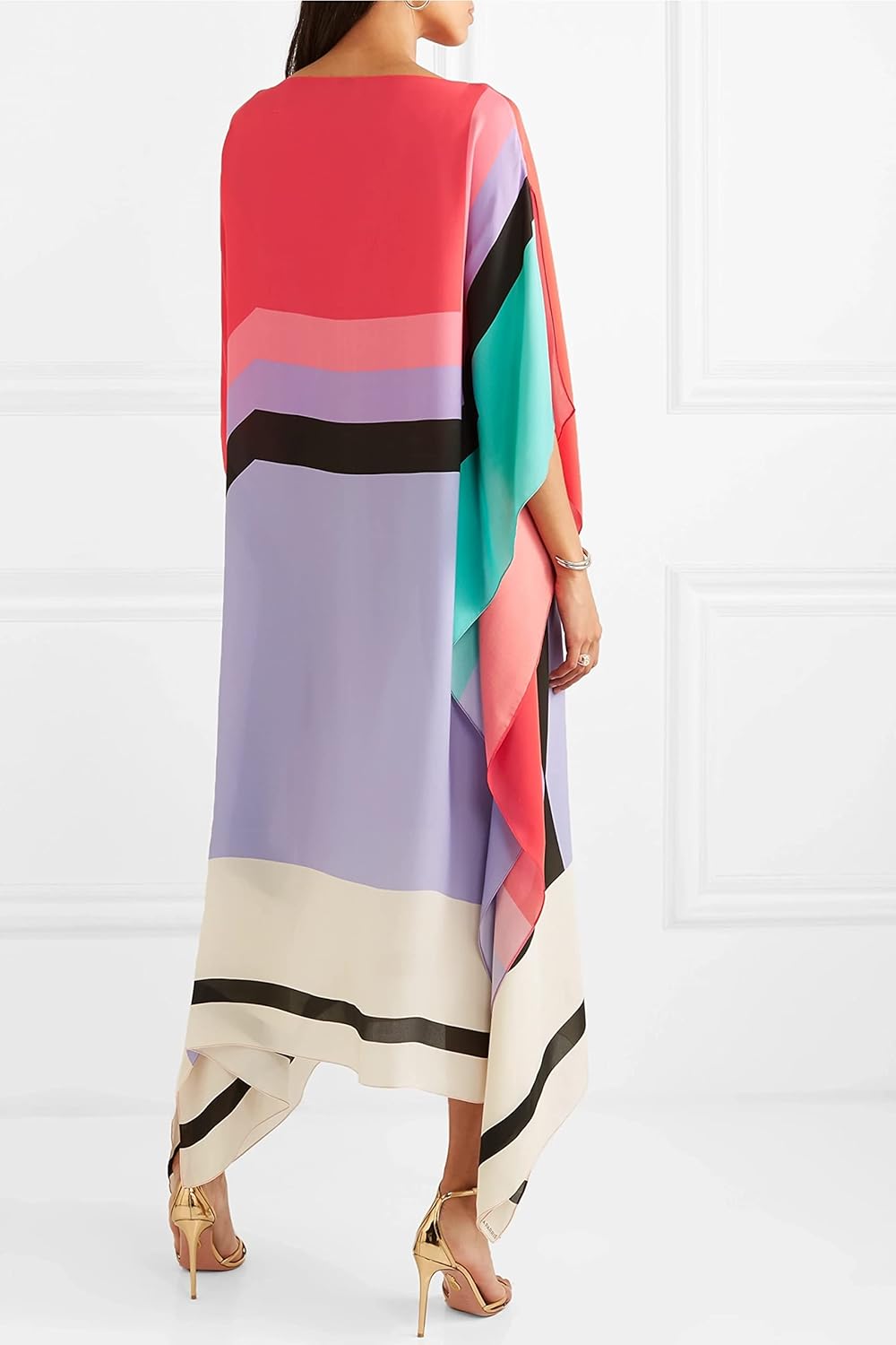 Red geometric kaftan with lavender and teal stripe blocks, draped hem