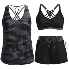 Black camouflage tropical swim set with crisscross cutout tank, solid black bra, drawstring shorts
