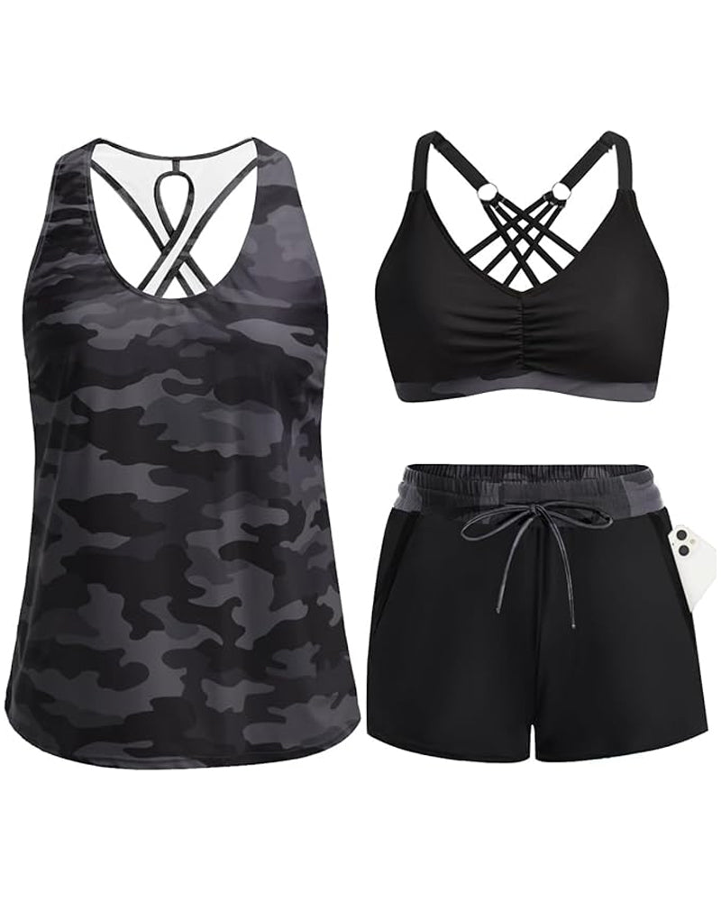 Black camouflage tropical swim set with crisscross cutout tank, solid black bra, drawstring shorts