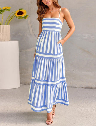Blue and white striped maxi dress with tiered ruffle layers and spaghetti straps