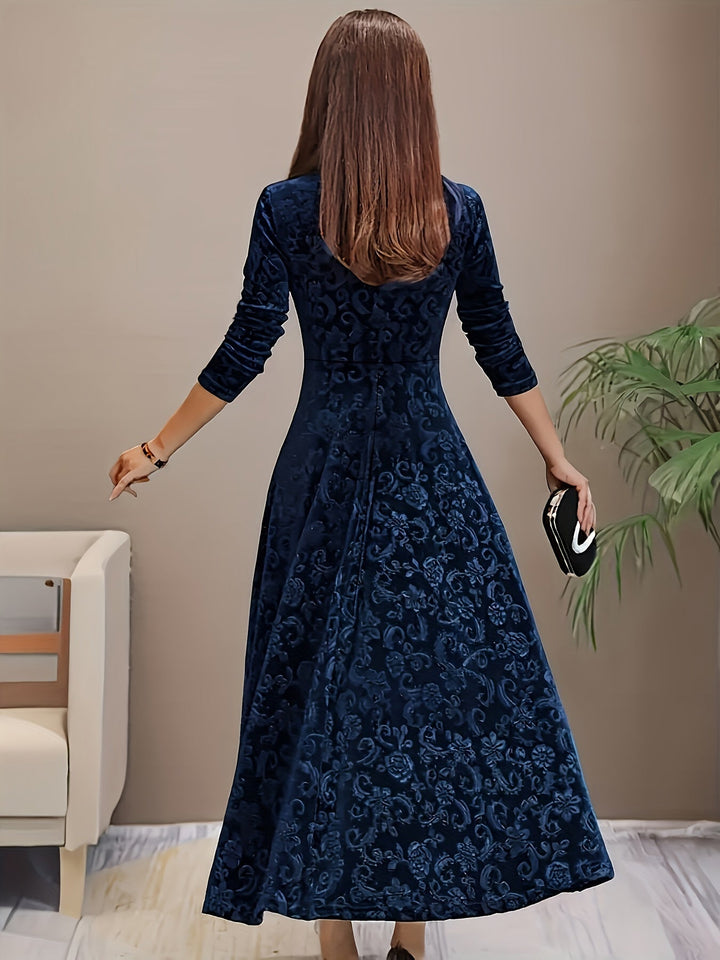 Blue velvet midi A-line dress back view, square neckline, long sleeves, floral pattern