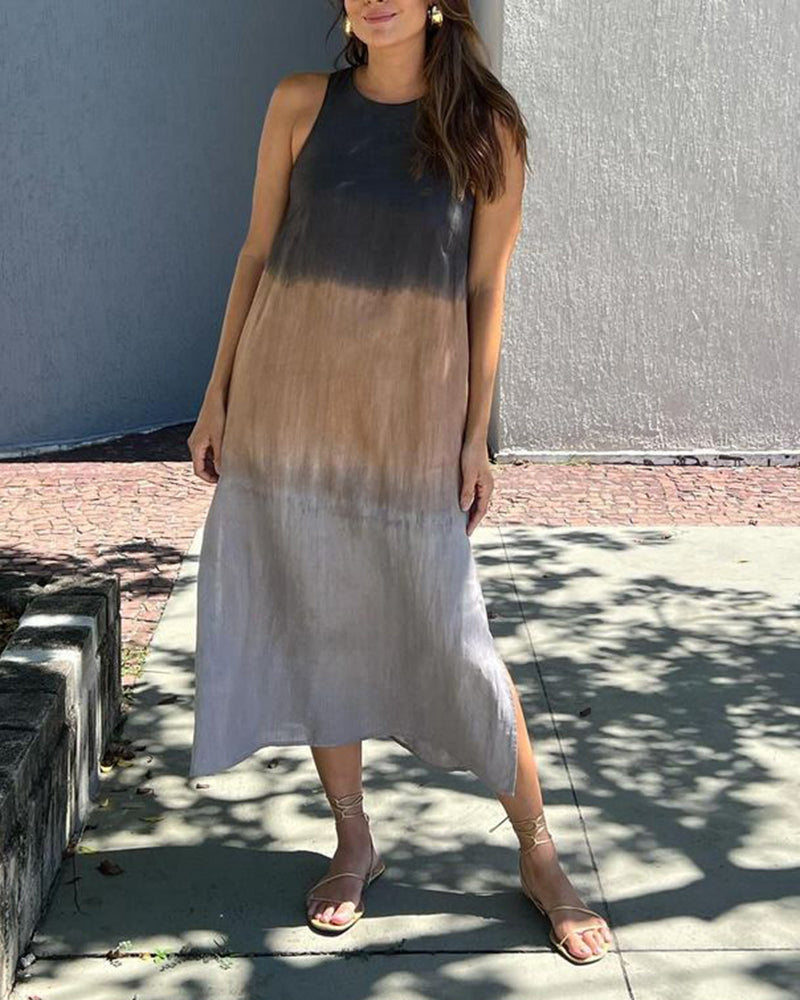 Gray ombre sleeveless midi dress with round neckline and flowing A-line skirt