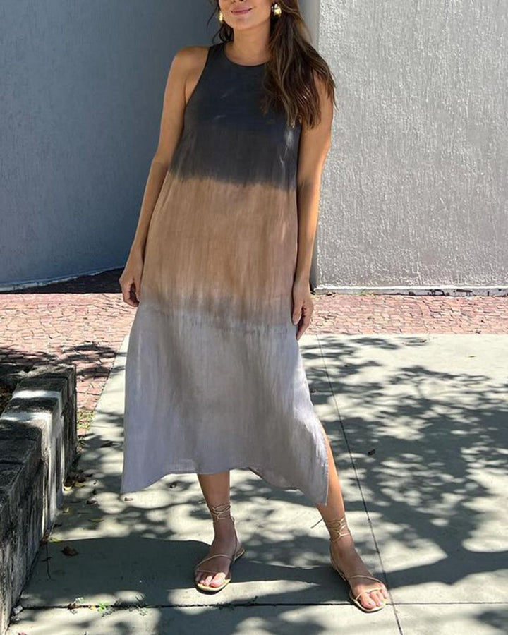 Gray ombre sleeveless midi dress with round neckline and flowing A-line skirt