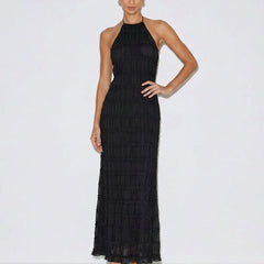 Black halter tiered midi dress with sleeveless smocked bodice