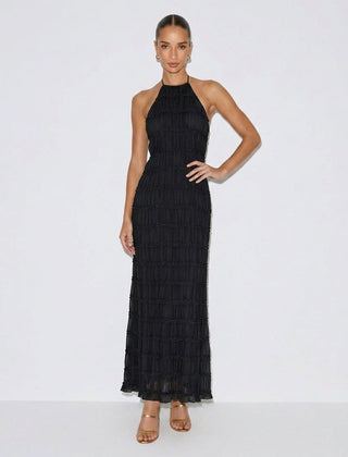 Black halter tiered midi dress with sleeveless smocked bodice