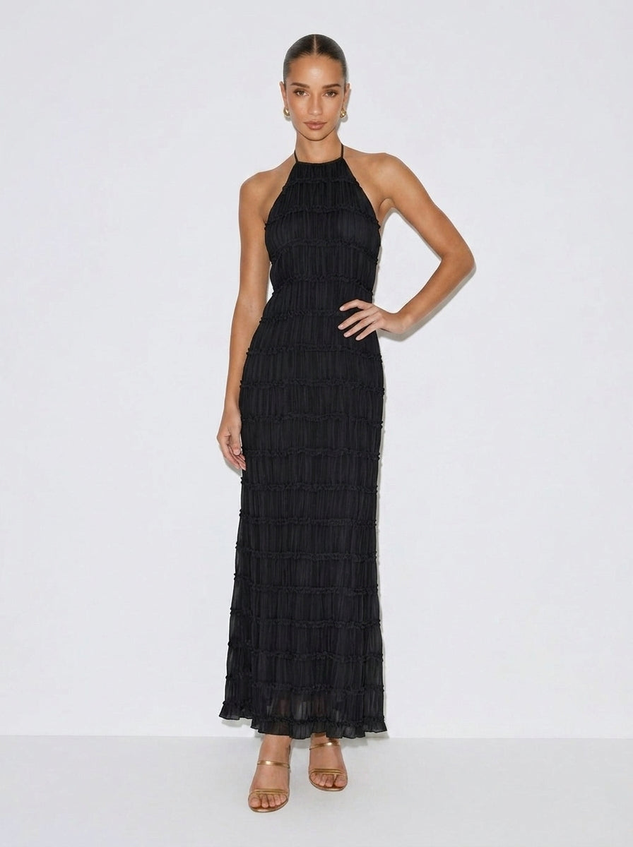 Black halter tiered midi dress with sleeveless smocked bodice