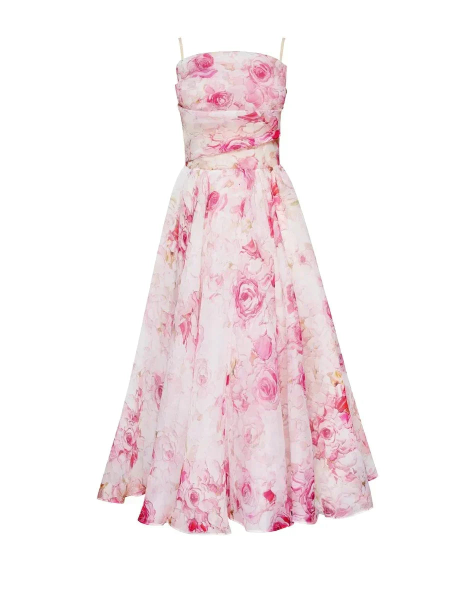 Pink rose print strapless dress with sweetheart neckline and pleated full skirt