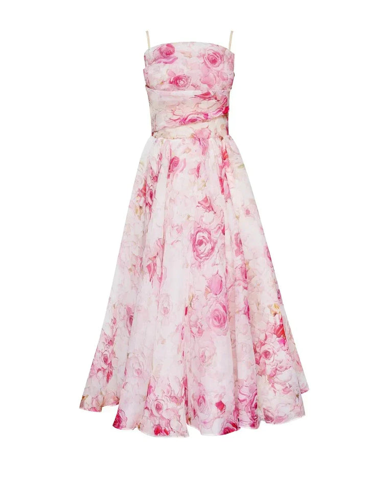 Pink rose print strapless dress with sweetheart neckline and pleated full skirt