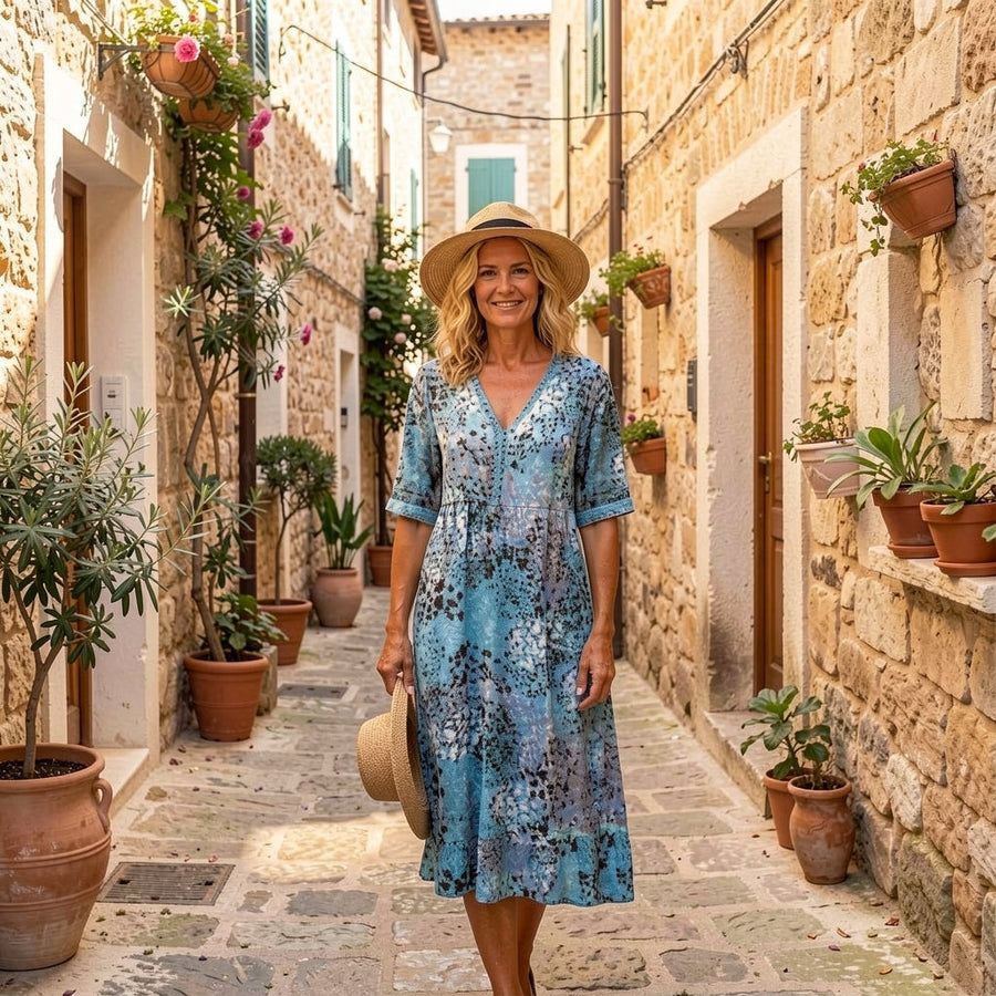 Ocean blue printed V-neck midi dress with half sleeves and tassel trim detail