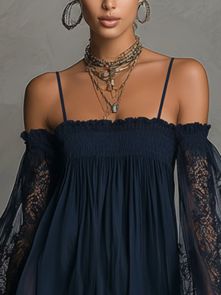 Dark navy off-shoulder mini dress with lace sleeves and gathered smocked bodice
