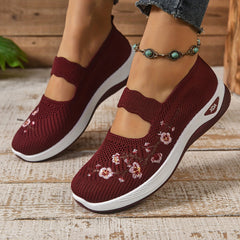Red knit orthopedic comfort slip-on shoes with floral embroidery and cushioned sole