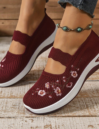 Red knit orthopedic comfort slip-on shoes with floral embroidery and cushioned sole